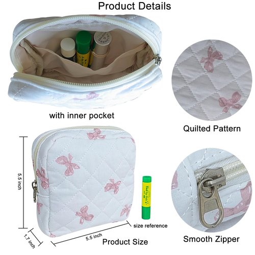 DMDFAN 2 Pack Small Quilted Cotton Makeup Bag for Purse, Cute Cosmetic Bag with Compartments Bows, Bear Pouch Travel Toiletry Bag, Small Essential Organizer Lipstick Holder (Bear+Bow)