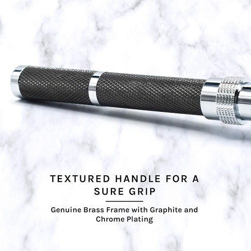 Parker, 96R Graphite Gray Long Handle Butterfly Open Double Edge Safety Razor for Men, 5 Parker Premium Platinum Double Edge Razor Blades Included