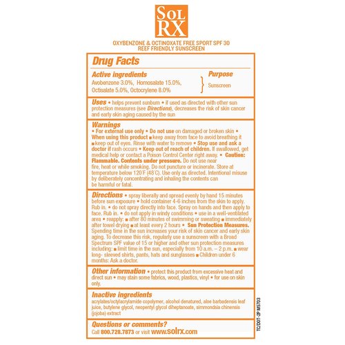 SolRX Sport Sunscreen SPF 30 Dry Spray, 6 oz – Broad Spectrum UVA/UVB, Water & Sweat Resistant, Reef Friendly Formula, Fast-Drying Continuous Sunblock Spray for Active Outdoor Protection