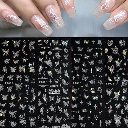 8 Sheet Black White Butterfly Nail Art Stickers 3D Butterflies Nail Decals for Women 3D Holographic Laser Butterfly Sparkly for Nail Designs Butterfly French Glitter DIY Nail Charm Manicure Decoration