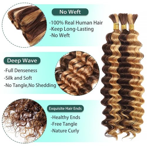 Ombre Human Braiding Hair for Boho Braids 18 inch P427 Deep Curly Boho Hair for Braiding Knotless 10A Deep Wave Bulk Bohemian 3 Bundles