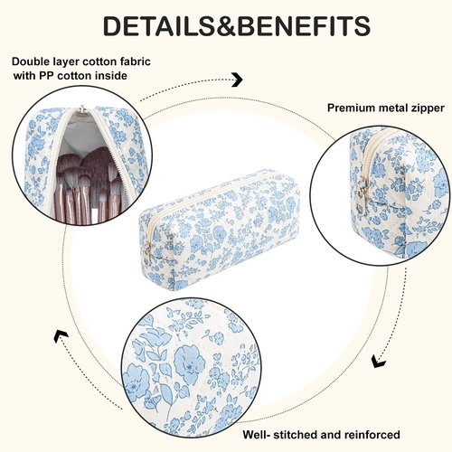 WHHJM Cute Floral Makeup Brush Bag Small Cotton Quilted Cosmetic Bag for Women Travel Toiletry Zipper Make Up Pouch (Blue Floral)