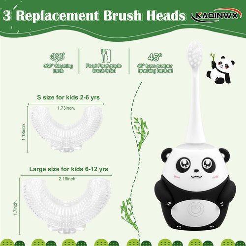 KAQINWX Kids U Shaped Electric Toothbrush for Age 2-12, Rechargeable Toddler Toothbrush with Smart Timer & 3 Clean Modes, Panda Design, IPX7 Waterproof, 3 Brush Heads & 360°Cleaning