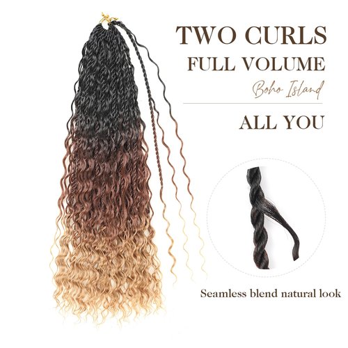 Boho lsland Twist Crochet Hair 24 Inch 8 Packs Ombre Auburn Blonde Pre-Looped Senegalese Twist Crochet Braids with Curly Ends Synthetic Goddess Twist Crochet Hair for Black Women (1B/30/27 24 INCH）