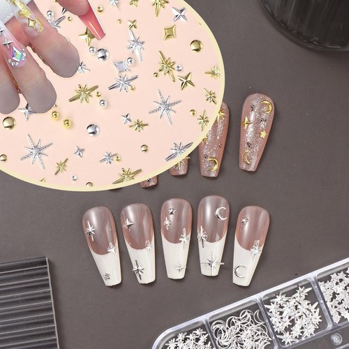 Star Cross Nail Charms - 2 Boxes Nail Star Charms Art - Y2k Silver & Gold Cross Nail Art - Metal Nail Decoration Set - Nail Studs (Star Cross Set)