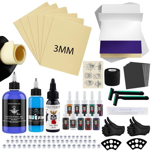 Tattoo Practice Skin with Transfer Paper 124Pcs Complete Tattoo Practice Skins Kit with 6Pcs 3mm Fake Skin 30Pcs Transfer Papers 4OZ Transfer Gel for Beginners Tattooing Supplies (124pcs)