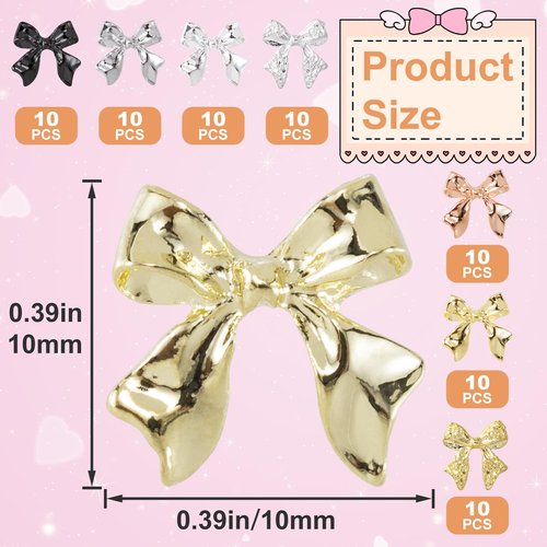 PAGOW 70 Pcs Gold Silver Black Bow Nail Charms, Acrylic Bowknot Nail Bows, Glitter Ribbon Bowknot Nail Decoration for Women, Scrapbook, Crafts, Nail Art (7 Style)
