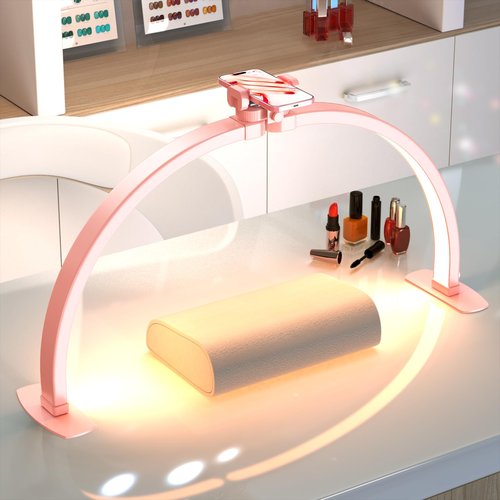 SLYFTE Professional Large Half Moon Light for Nail Desk with Phone Holder, Arch Light for Nail Techs for Manicure Table (Pink, Large)