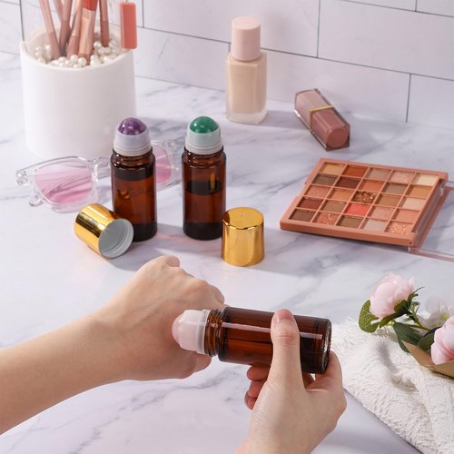 RAMFIYN 2 pack Large Amber Glass Roll on Bottles for Essential Oils Perfume Refillable Roller Ball Applicator Empty Deodorant Containers with Purple Crystal Rollerball