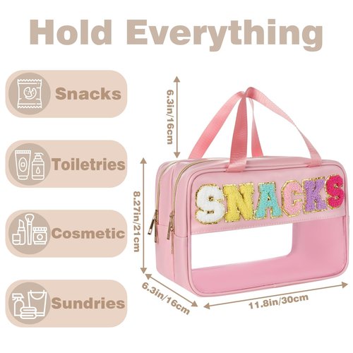 Snack Bags for Travel Varsity Letter Pouch Clear Toiletry Bag Snacks Bag Pouch, Preppy Clear Cosmetic Bag, Large Travel Bags for Women