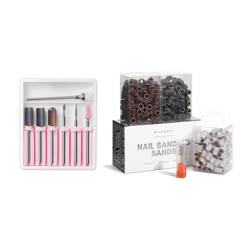 Makartt Nail Drill Bits, 7Pcs Tungsten Carbide Diamond Ceramic Nail Drill Bit Set For Acrylic Nails 3/32 Drill Bits Bundle With 300Pcs #80#150#240 Grits Nail Drill Bits Sanding Bands