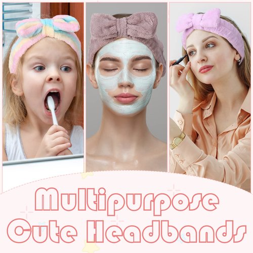 Yinder 40 Pack Bow Spa Headband Coral Fleece Makeup Soft Face Wash Headband Cosmetic Skin Care Facial Head Wraps Cute Bow Head Bands for Women Girls Shower Supplies