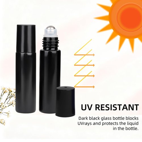 HLYHTGZ 10ml Glass Essential Oil Roller Bottle, 24PCS Black Essential Oil Roller Bottles with Stainless Steel Rollers - Refillable, Leak-Proof Design, Suitable for Travel and DIY Skincare Products.