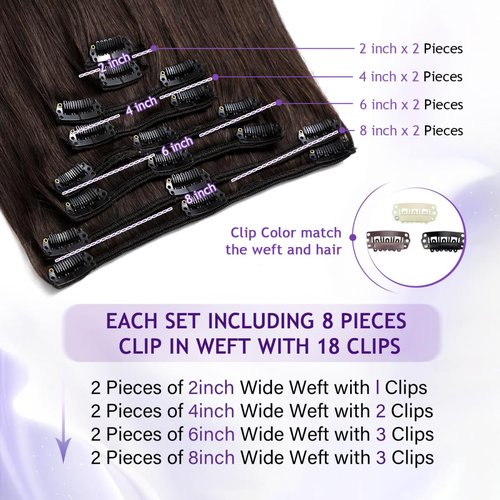 CWRDK Clip in Hair Extensions Real Human Hair,100% Brazilian Remy Human Hair Clip ins for Women, Straight Seamless Double Weft Hair Extensions, Invisible 8pcs, 14 Inch 80g, #2 Dark Brown