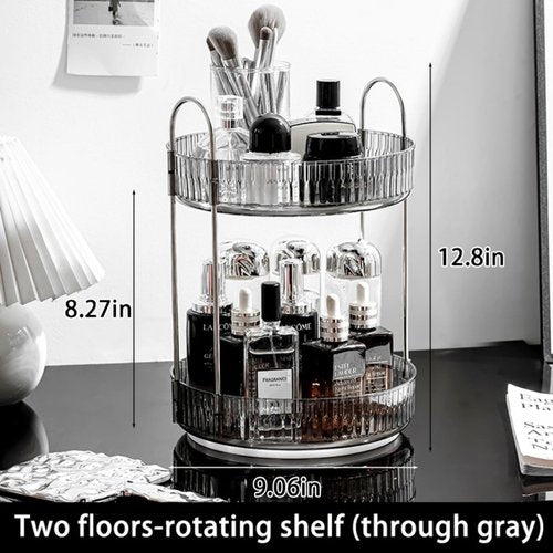 QIZHAN Modern Style Cosmetics Transparent Rotating Storage Rack Turntable Multifunctional Large Capacity Double - Layer Skin Care Products Dressing Table Storage Box Dust - Proof Space - Saving