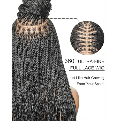 36" Knotless Micro Box Braided Wig for Black Women - 200 Strands Pre Cut Real Swiss HD Full Lace with Human Baby Hair - Black