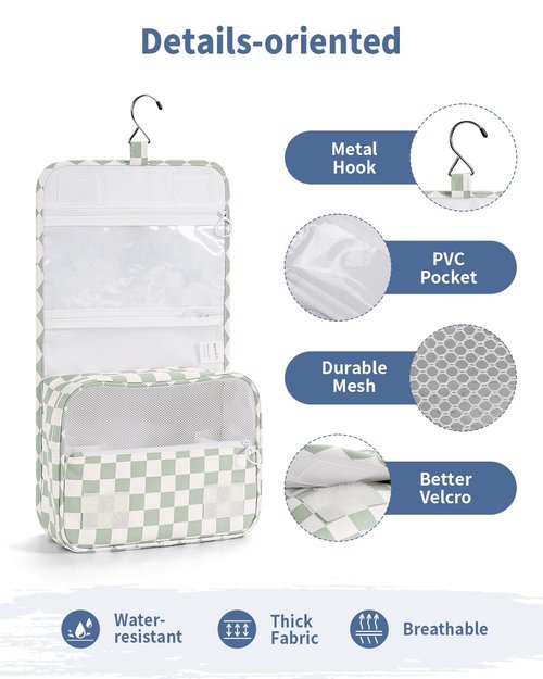 Narwey Small Hanging Travel Toiletry Bag for Traveling Women, Checkered Travel Bag for Toiletries, Makeup Bag Organizer Make Up Cosmetic Bags (Mint Green Checkerboard)