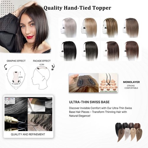SHEIRIS Natural Black Human Hair Toppers for Women, for Women with Thinning Hair Swiss Base, No Bangs, 10 Inch (#1B)