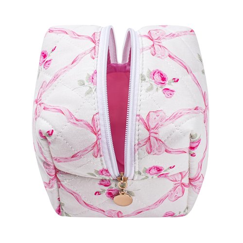 JOVAKIT Cubic Shaped Quilted Makeup Bag Cosmetic Bag for Women, Floral Coquette Cotton Cube Travel Makeup Case Zipper Make Up Pouch, Travel Storage Organizer (Pink Bowknot)