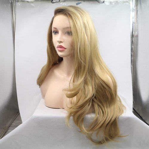 Xiweiya Long Blonde Synthetic Lace Front Wig - Wavy Side Part With Brown Root - Hair Replacement for Women, Drag Queen Makeup (24 Inch)