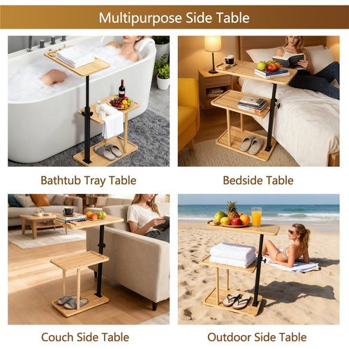 3 Layer Bathtub Tray Table,Bamboo Swivel Bathtub Side Table Height Adjustable,Freestanding Bathtub Tray for Tub Against Wall,Bathtub Accessories&Bathroom Organizer for Luxury Home Spa (Natural1)