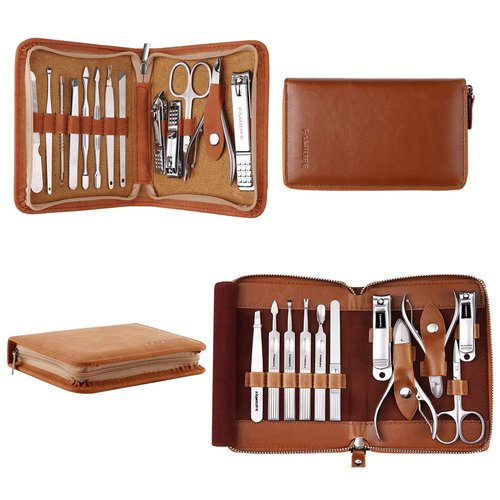 FAMILIFE F03 Manicure Set, Pedicure Kit Nail Clipper Set 13pcs Professional Men Grooming Kit and 11 in 1 Stainless Steel Pedicure Tools Kit Grooming Kit with Portable Brown Leather Travel Case