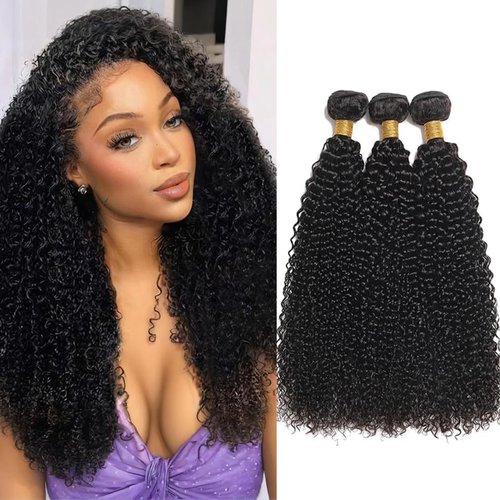 Kinky Curly Bundles Human Hair 14 16 18 Inch Human Hair Bundle 100% Unprocessed Brazilian Virgin Hair 3 Bundles for Black Women Weave Extensions Natural Black