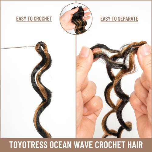 Toyotress Ocean Wave Crochet Hair - 16 Inch 8 Packs Blonde Highlight Ocean Wave Braiding Hair, Beach Curl Deep Twist Synthetic (16 Inch, P4/27-8P)