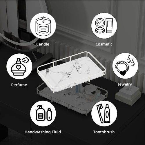 Bathroom Organizer Countertop Perfume Organizer Makeup Organizer Cosmetics Storage Display Rack Vanity Tray Dresser Stainless Steel Gold Shelf White Marble Ceramic Tray