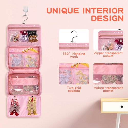 Hair Accessories Organizer for Girls, Hanging Hair Bow Storage Bag for Girls Hair Clips, Travel Organizer With Hair Clips, Headbands, Scrunchies & Ties - Empty Bag (Pink)