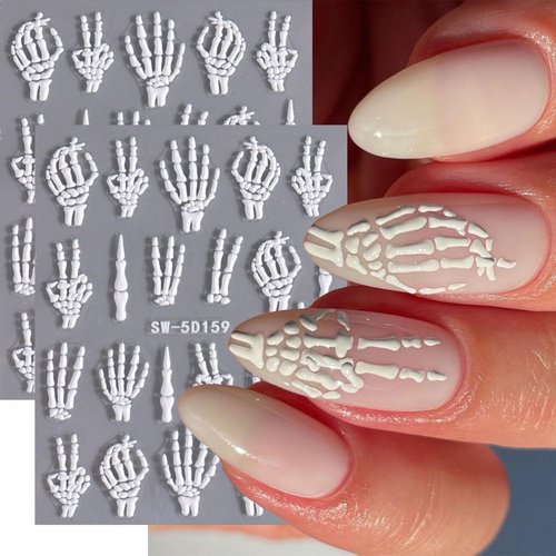 2Pcs Halloween Nail Art Stickers Skull Nail Decals 5D Embossed with Fantasy Bone Skeleton Design Nail Stickers White Hand Finger Bones Nail Art Supplies Adhesive Nail Stickers for Nail Art for Women
