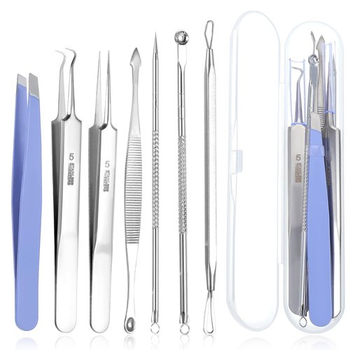 7 PCS Blackhead Remover Tool Kit - Blackhead Tweezers and Ingrown Hair Tweezers, Precision Black Head Pimple Extractor Curved Tip Lash Tweezer for Pimple Whitehead Ance(Purple)