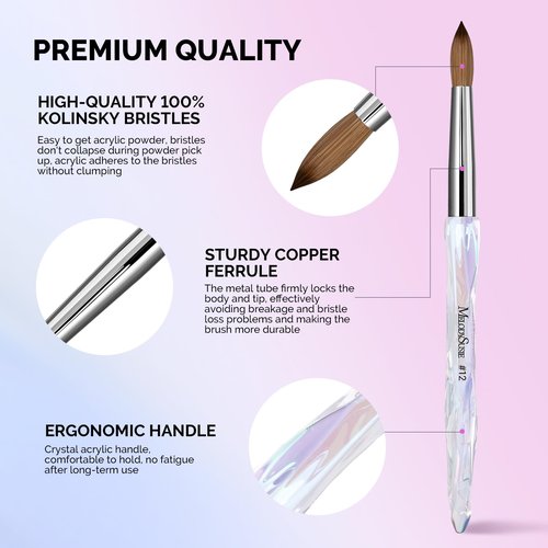 MelodySusie Kolinsky Acrylic Nail Brush, 100% Pure Kolinsky Hair, Professional Nail Brush for Acrylic Powder Nail Extension and 3D Nail Carving, for DIY Home Salon, Size 12