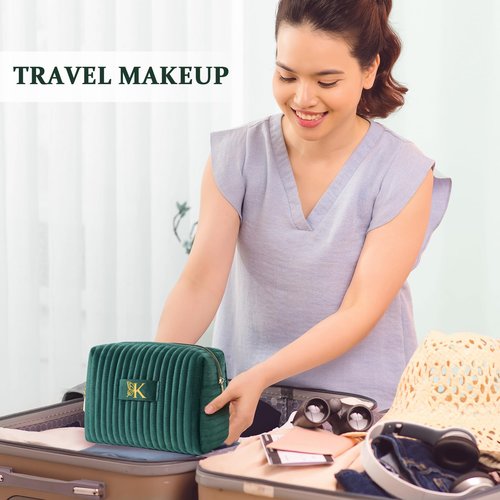 COSHAYSOO Personalized Fall Gifts for Women 30th 40th Birthday Unique New Mom Mother Wife Girlfriend Gift Ideas, Initial Quilted Makeup Bags Travel Green Cosmetic Velvet Skin Care Pouch Letter M