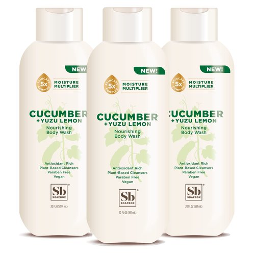 Soapbox Cucumber + Yuzu Lemon Body Wash for Women, Men, Vegan + Antioxidant Rich, Soothing, Moisturizing Soap with Shea Butter, Peptides & Keratin Promoting B3, 3 Pack, 20oz Each