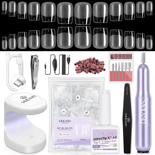 SAVILAND Advanced Gel Nail Kit: 500 Pcs Extra Short Square Nail Tips with Drill Salon Grade 30-Day Strong Hold Gel Nail Tips 12 Sizes Fake Nails with Glue & Nail Lamp Complete DIY At Home Nail Kit