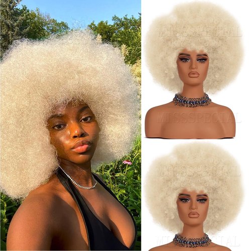 MISSSPECIAL Afro Wig 70s Curly Wigs for Black Women Glueless Afro Wigs Large Bouncy and Soft Natural Looking Full Wigs Big Afro Puff Wig With Bangs Synthetic Hair Wig for Daily (Platinum, Afro Wig)