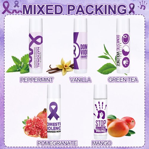 Sacubee 50 Pcs Lip Balm Bulk Ribbon Vanilla Sunscreen Lip Balm Gift for Women Men Mental Health Awareness Public Event Supplies, 5 Scents(Domestic Violence Awareness, Elegant Color)