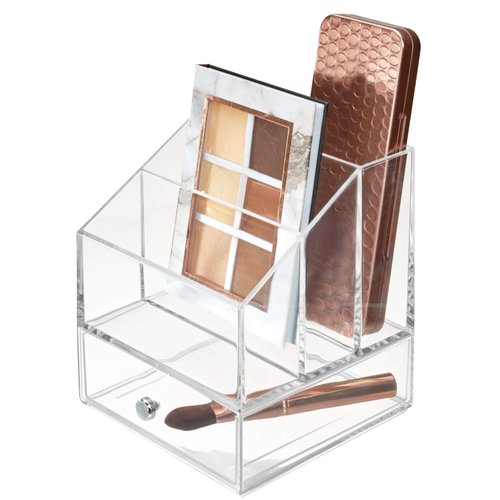 iDesign Clarity Cosmetic Palette Organizer with Drawer for Vanity or Cabinet to Hold Makeup, Beauty Products, Hair Accessories - 3 Compartments - Clear