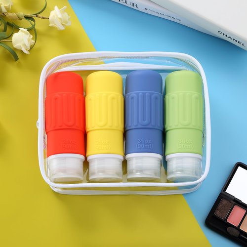 Mrsdry Travel Bottles for Toiletries, BPA Free Leak Proof Reusable Silicone Bottles, TSA Approved 3oz Travel Size Container, TravelAccessories for Shampoo Soap Liquids with Toiletry Bag (4 Pack)