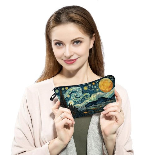 YULUENZE Starry Sky Makeup Bag Cute Small Organizer Bag with Zipper Oil Painting Style Starry Night Cosmetic Bag Birthday Gifts for Women Sisters Friends