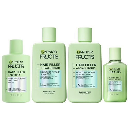 Garnier Fructis Hair Filler Bonding Pre-Shampoo Hair Treatment + Moisture Repair Shampoo, Conditioner and Serum Set with Hyaluronic Acid for Curly, Wavy Hair, 4 Items, 1 Kit