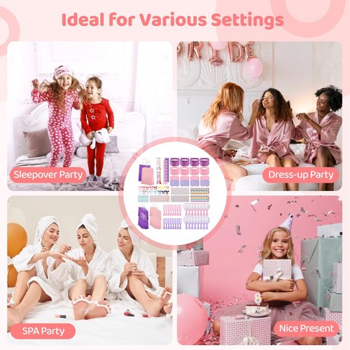 196 Pcs Spa Party Supplies for Girls Multiple Spa Party Favors for Kids Pink Braid Clip Eye Mask Mirror Comb Emery Boards Toe Separator Hairband Nail Sticker Tattoo Sticker Spa Party Favors