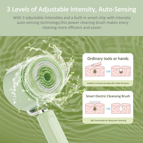 5-in-1 Electric Cleansing Brush, Rechargeable Body Brush with Long Handle, IPX7 Waterproof Back Scrubber with 3 Intensities Adjustable for Cleansing, Exfoliation, Foot Scrubbing and Massage (Green)