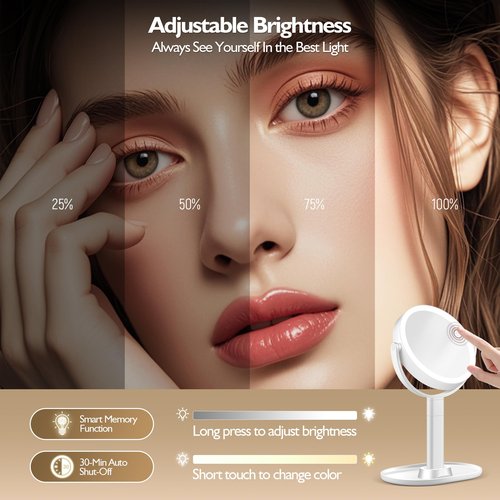 MOMOKUBA Makeup Mirror with Lights, 30X Magnifying & Height Adjustable, Lighted Magnifying Mirror with 3 Light Modes and Stepless Dimming, Vanity Mirrors for Bathroom, Birthday Gift for Women, White