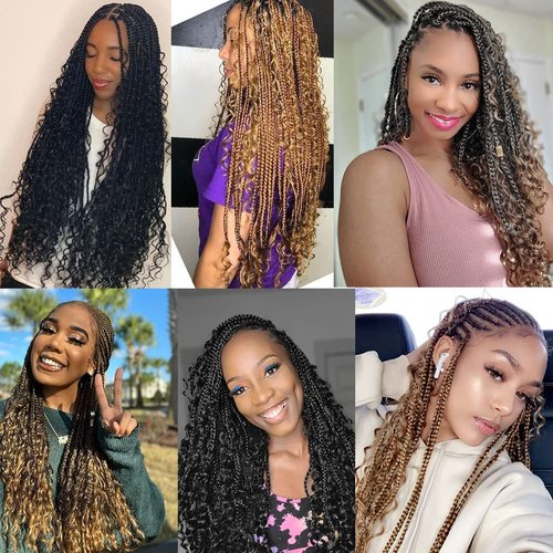 Goddess Crochet Box Braids Curly Ends 144 Strands 22 Inch Bohomian Goddess Box Braids Crochet Hair Synthetic Crochet Braids Hair Extensions(22 Inch,1B/30/27)