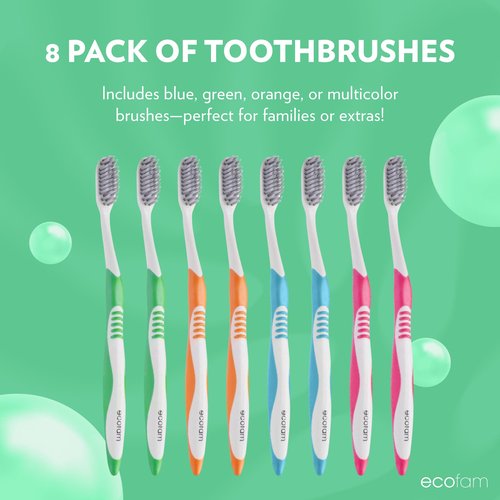 EcoFam Compostable Toothbushes, Dual Action Flossing Bristles, Silver Infused Soft Bristle Toothbrush, Natural Toothbrushes for Adults, Multi Color, 8-Pack