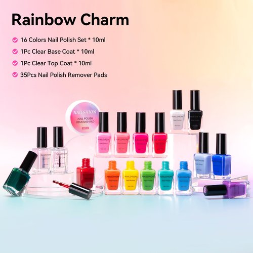 Nailshion Nail Polish 16 Colors Rainbow Air Dry Regular Nail Polish Set with Base Top Coat & Remover Pads| White Red Classic French Fingernail Polishes Non-gel Bulk Gift for Nail Art Lovers