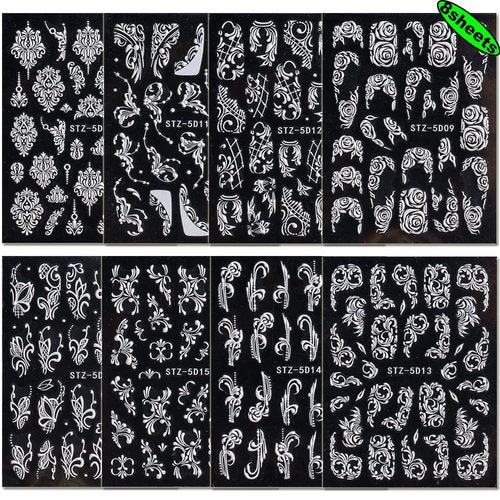Flower Nail Art Stickers Decals, 8 Sheets 5D Engraved Flower Nail Decals White Wedding Nail Art Accessories French Tips Nail Designs Self Adhesive Lace Flower Carving Nail Stickers for Women Girls