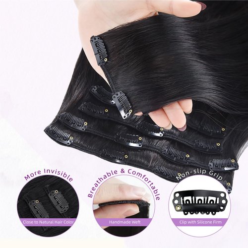 Nuzusa Clip in Hair Extensions Real Human Hair,100% Brazilian Remy Human Hair Extensions for Women,1B Natural Black 8pcs Per Set with Double Weft,20inch 105g,Straight